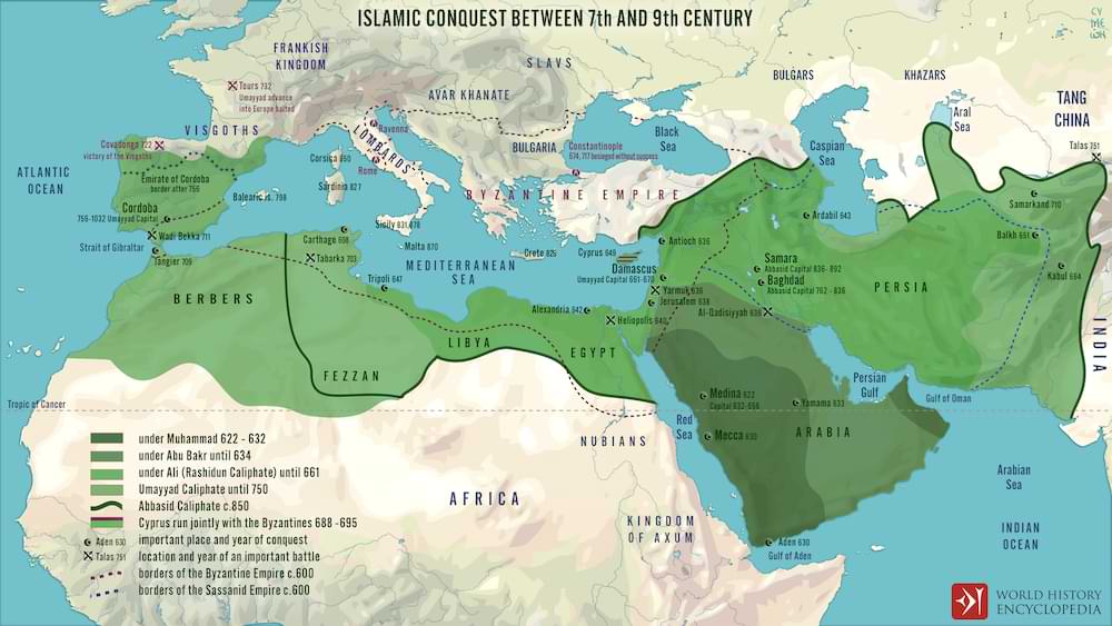 A visual representation by the World History Encyclopedia tracing the growth and expansion of early Islamic caliphates, spanning from the era of Prophet Muhammad to the 9th century