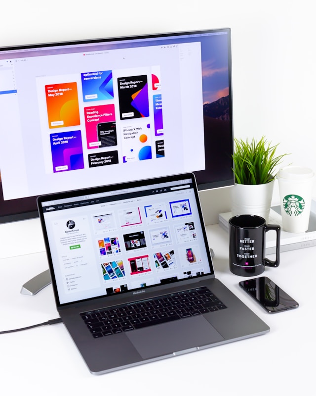 a laptop and desktop screen showing ui ux design work. learn more about ui ux design with Kaarwan's UI/UX design certification course.