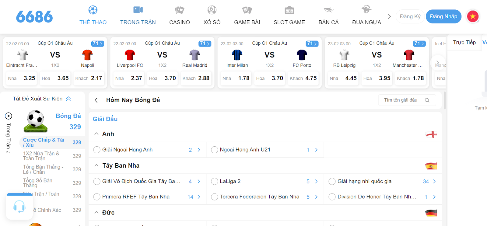 Giao diện tham gia sảnh cá cược thể thao tại nhà cái.