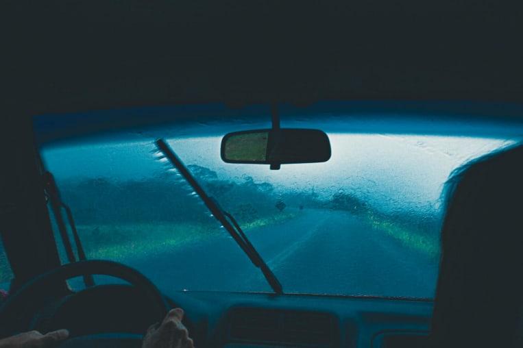 Photo of a rain through a windshield