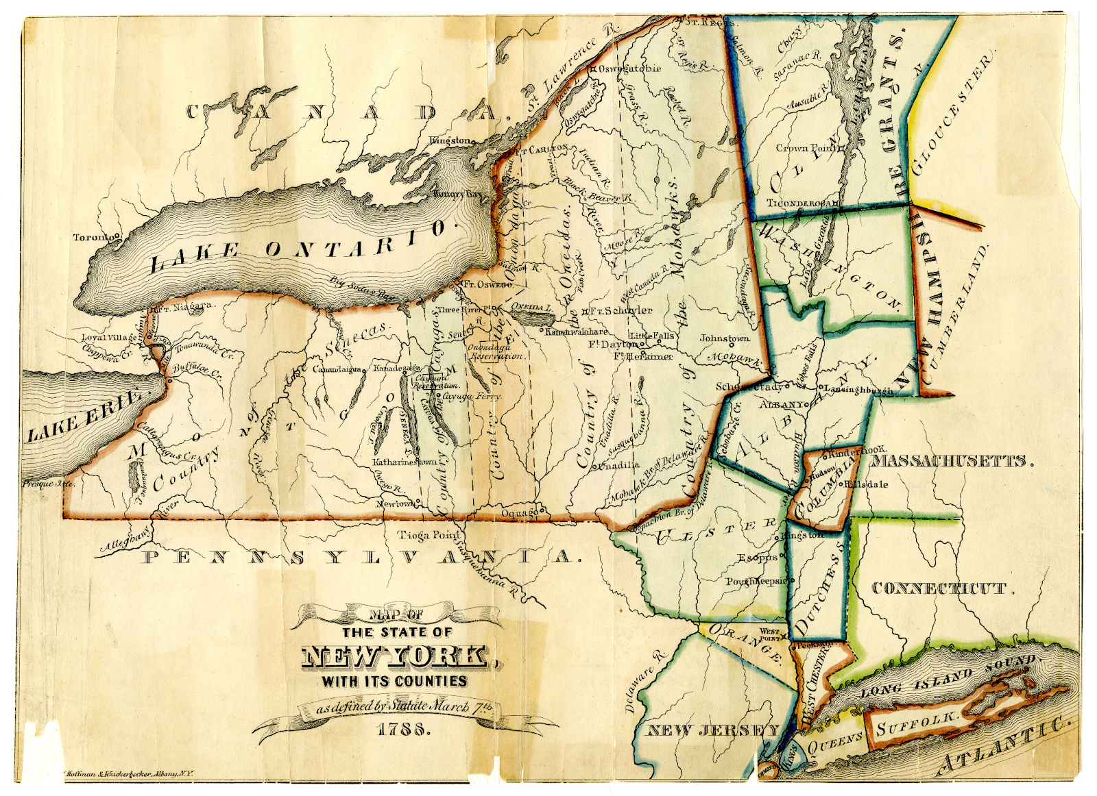 A map from the New York State Archives dated to 1788. The map shows counties of New York traced in different colors, and places mentioned by Jemison, such as Genesee, are visible on the map.