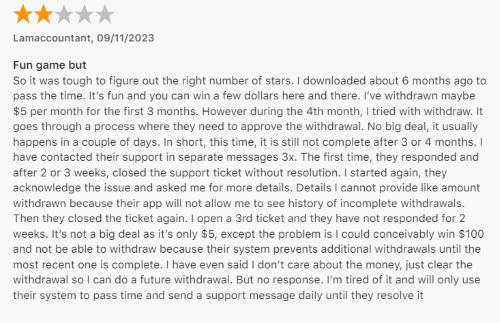 A 2-star Solitaire King review from a user who says they are having trouble making withdrawals and not getting help from customer support. 