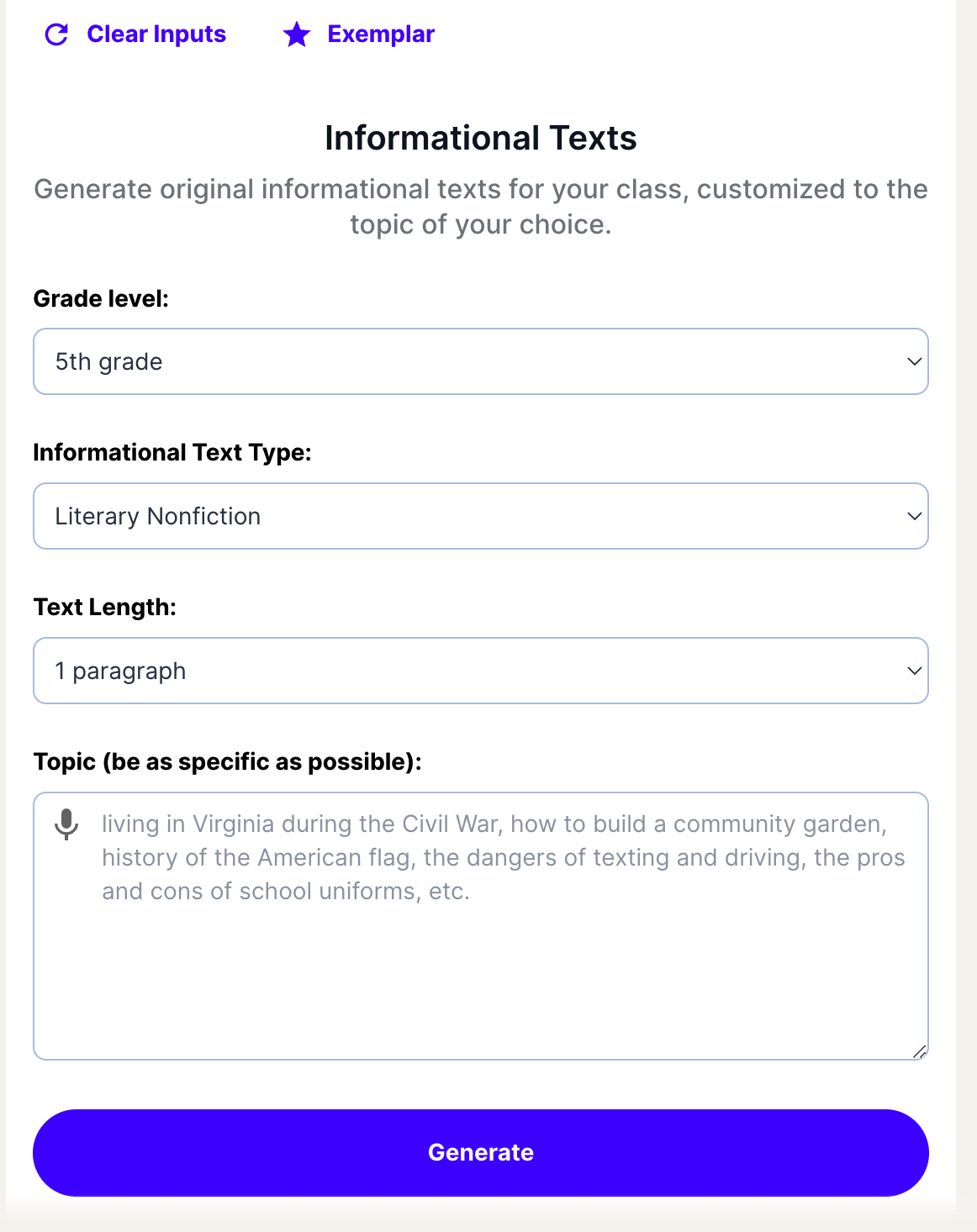 MagicSchool AI's Informational Texts Generator offers literacy teachers a quick way to accommodate learners' needs when it comes to reading.