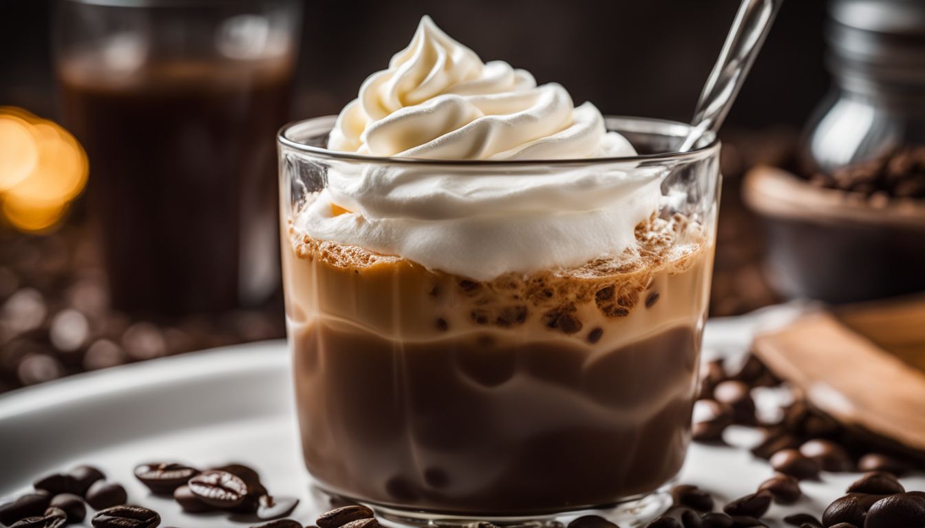A glass of iced coffee with whipped cream and coffee beans.
