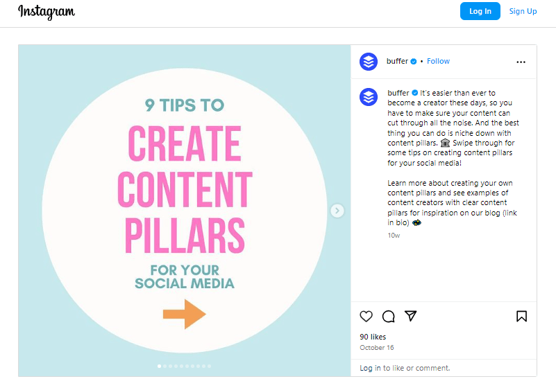Instagram post with pastel-colored infographic saying 9 tips to create content pillars for your social media