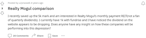 A person on Reddit asking others for their opinions on Fundrise vs Realty Mogul. 