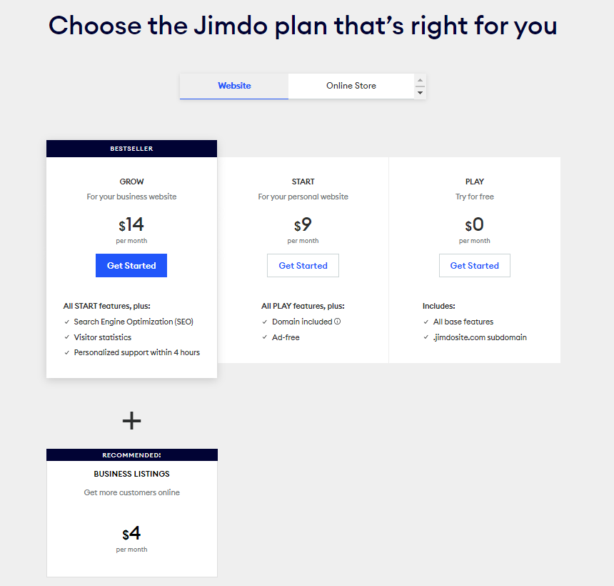 The pricing page for the AI website builder on Jimdo. 