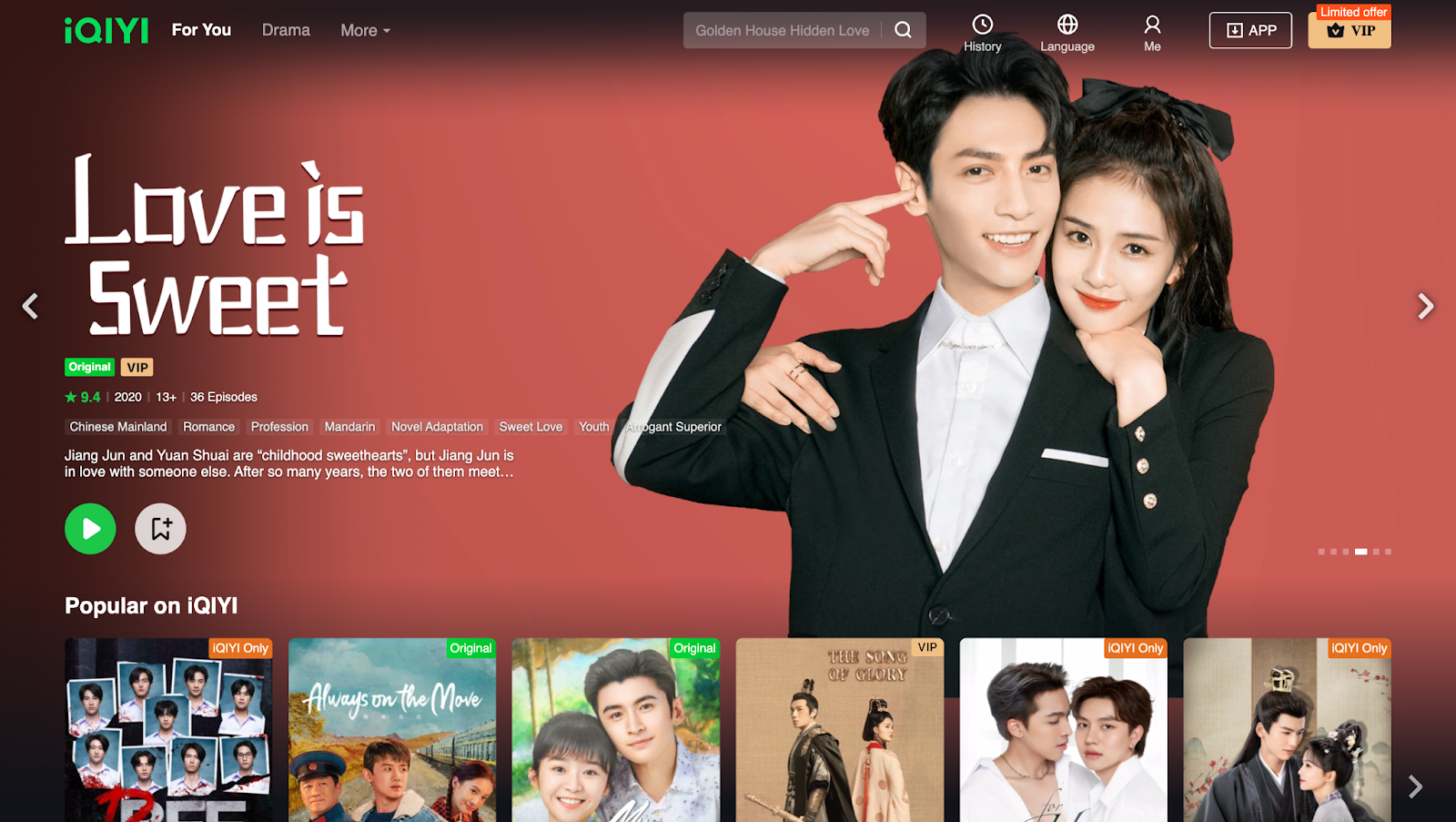 iQIYI homepage featuring Love is Sweet
