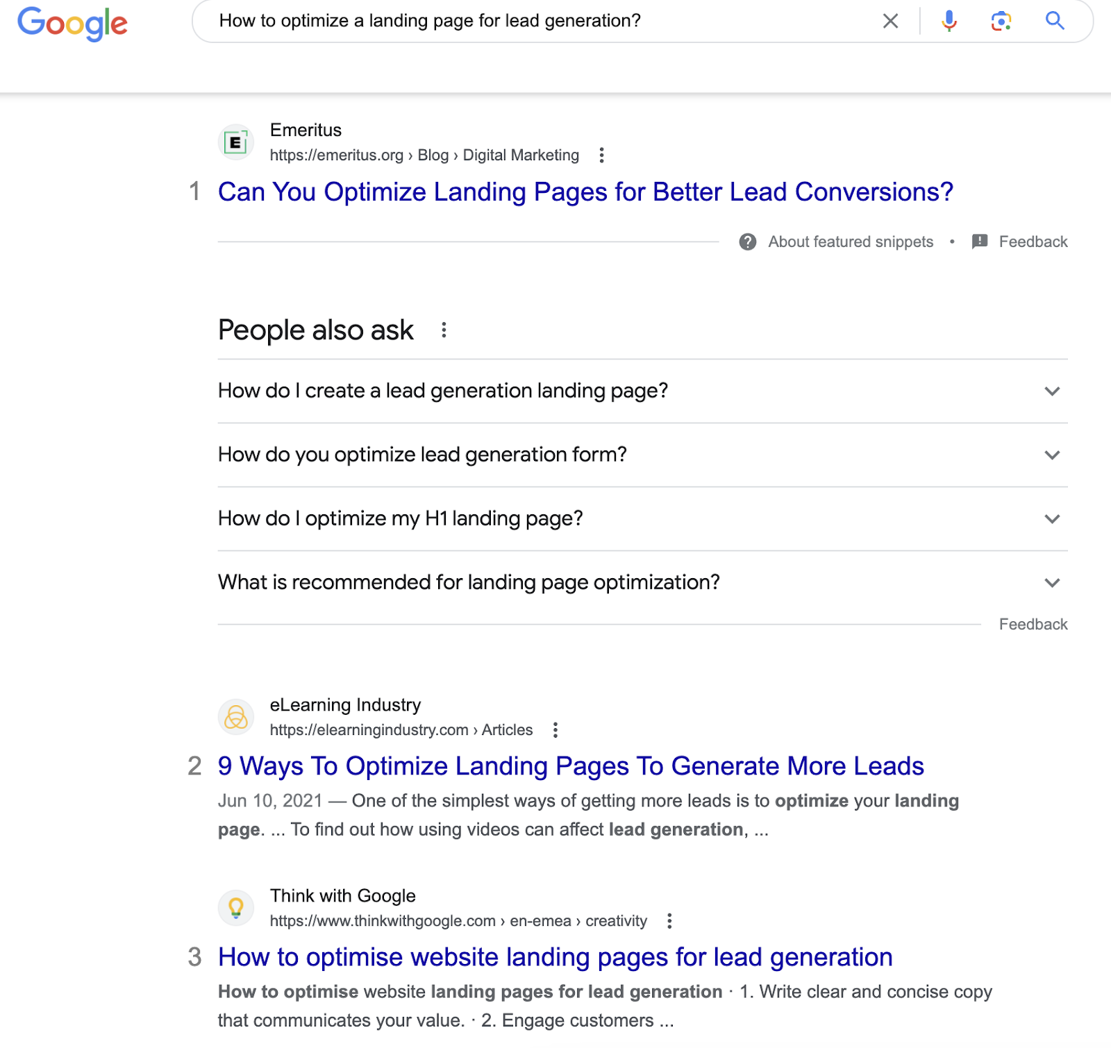 Google search for how to optimize a landing page for lead generation