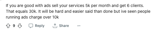 A person on Reddit suggests selling advertising services to make $30k a month. 
