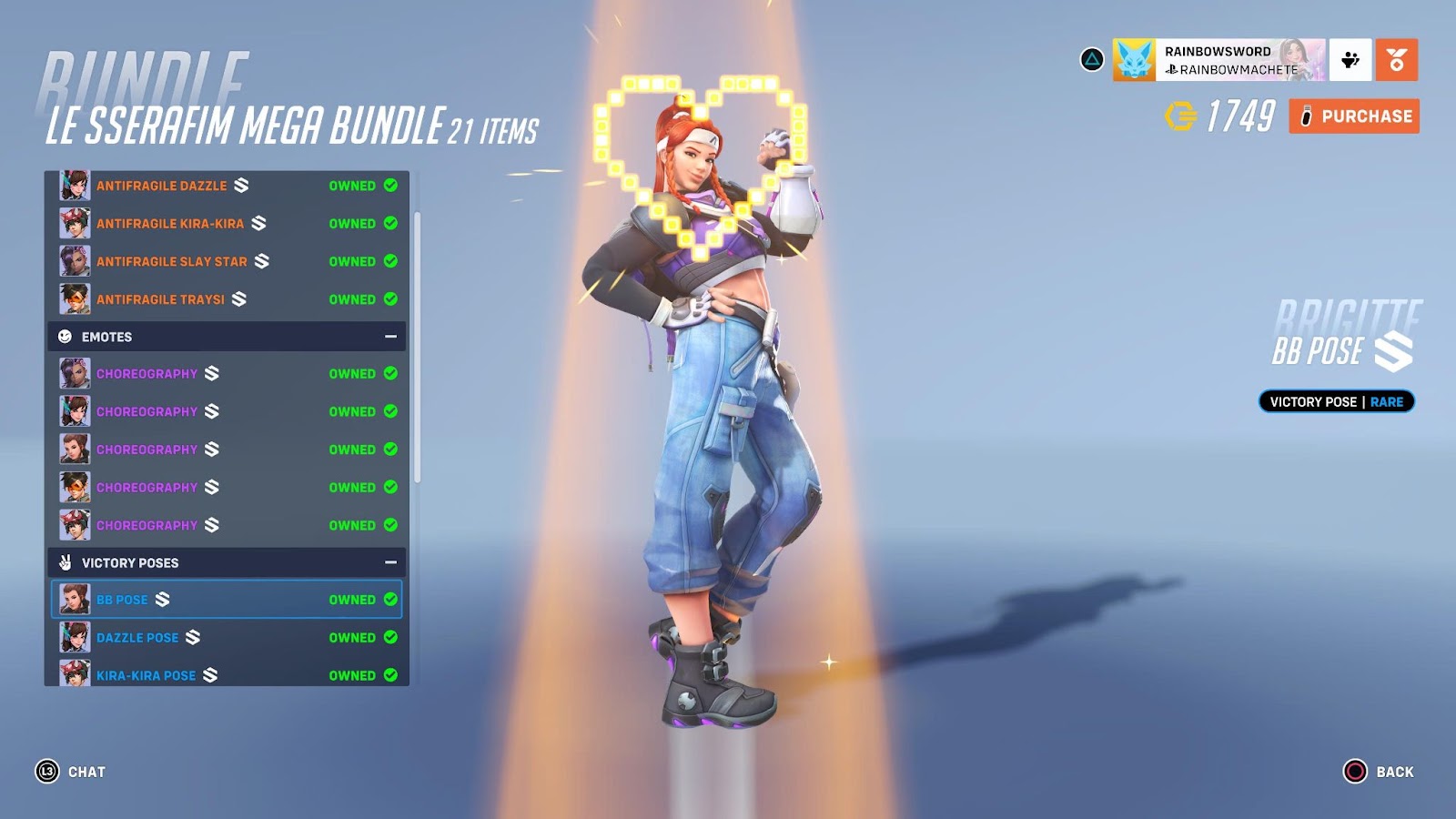 A screenshot of Brigitte's skin from the Le Sserafim x Overwatch 2 collab. 