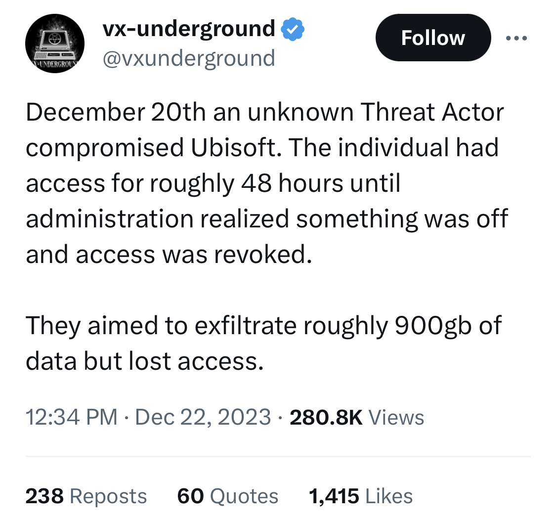 Haber @vxunderground Twitter sayfasında yayınlandı.