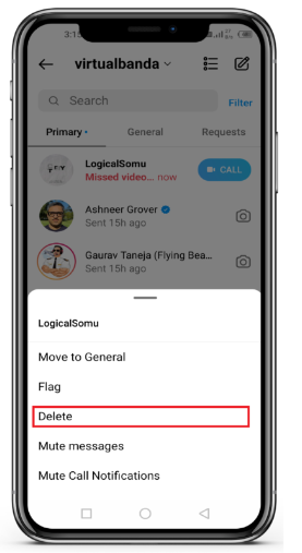 Click on Delete to remove the call log from Instagram.