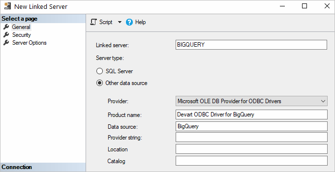 BigQuery to SQL Server: Providing Linked Server Name and data source