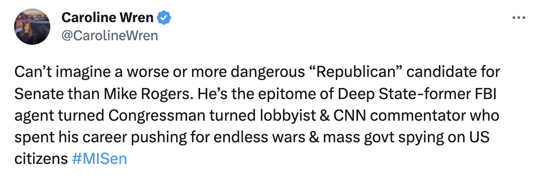 Trump ally Caroline Wren tweet slamming Mike Rogers Senate candidacy. 