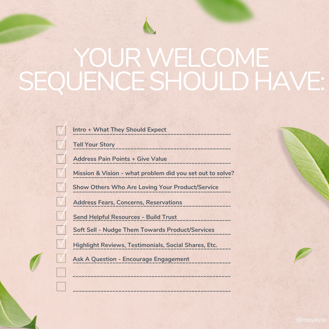 custom graphic - a checklist of what your welcome sequence should have. All points that are included throughout the blog