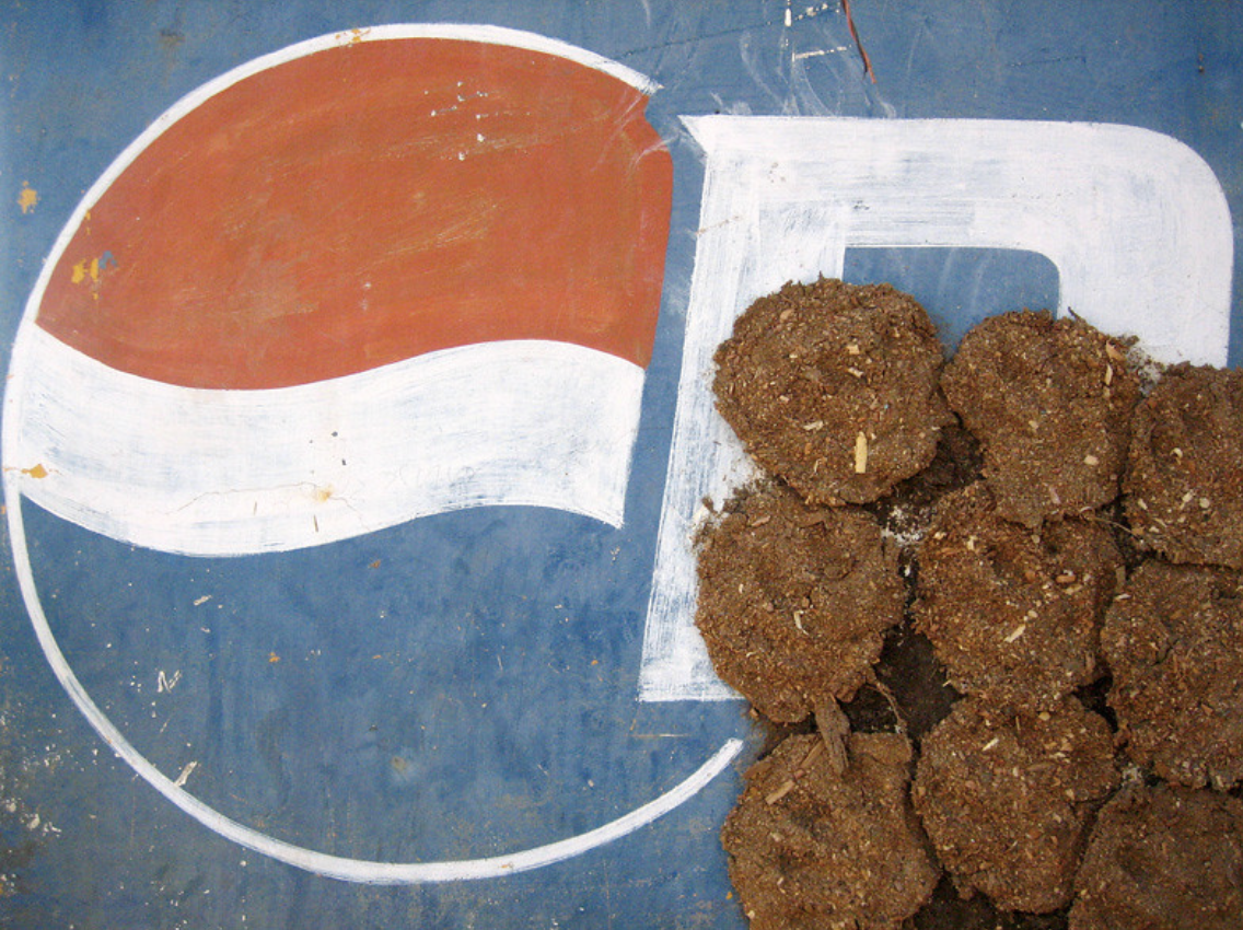 Basic circular Pepsi logo and the letter P sitting just inside it but largely obscured by rolls of cow dung in front.