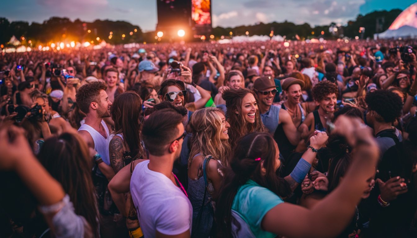A lively crowd dancing at Lollapalooza with diverse styles and expressions.