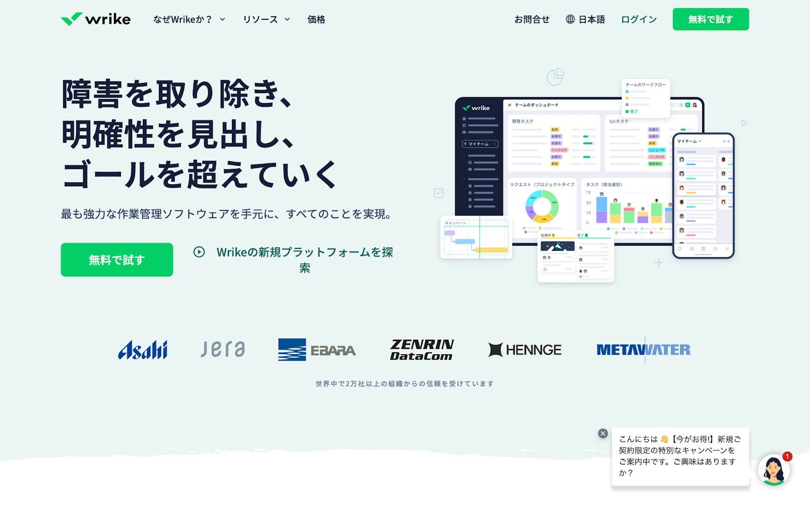 Wrikeのホームページのスクリーンショット