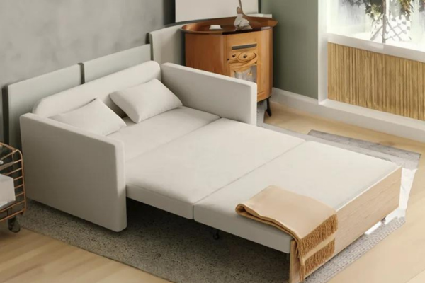 Pull-out sofa bed with armrest and headrest, upholstered in linen, with wooden frame