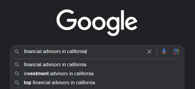 Google search about financial advisors in California