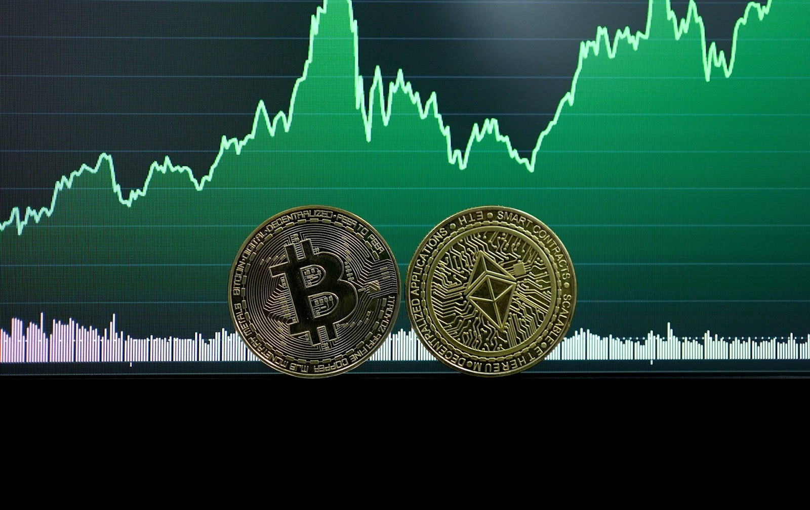 sample bitcoin ethereum coins with a graph showing upward trend