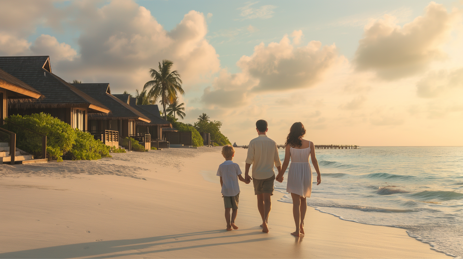 An early morning shot of a family taking a walk along the shore.