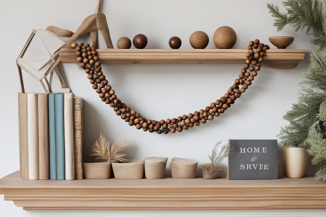 Handcrafted wood bead garland draped over a rustic bookshelf