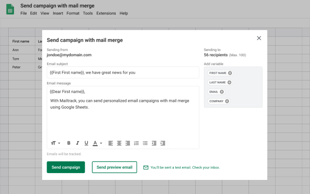 Crafting an email template on the Send campaign with mail merge screen