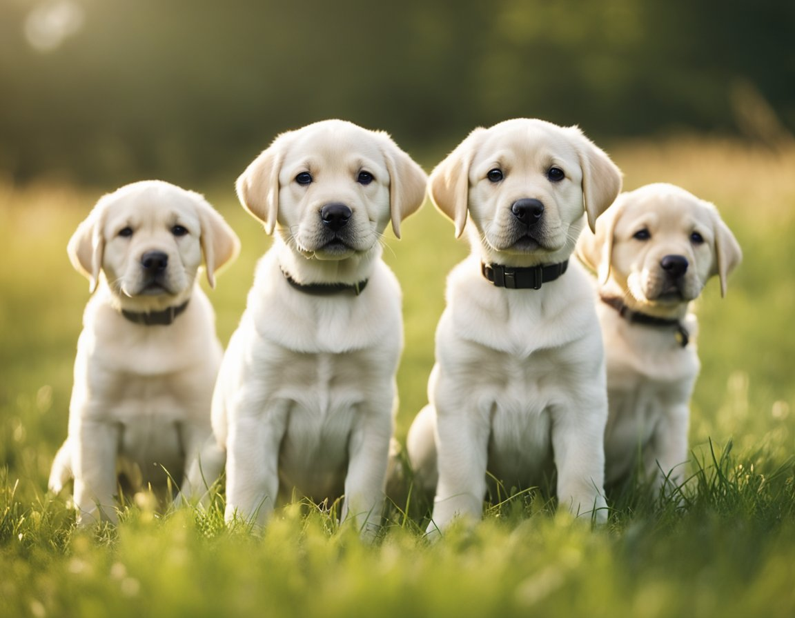 four labrador retriever puppies sitting on the field of grass
