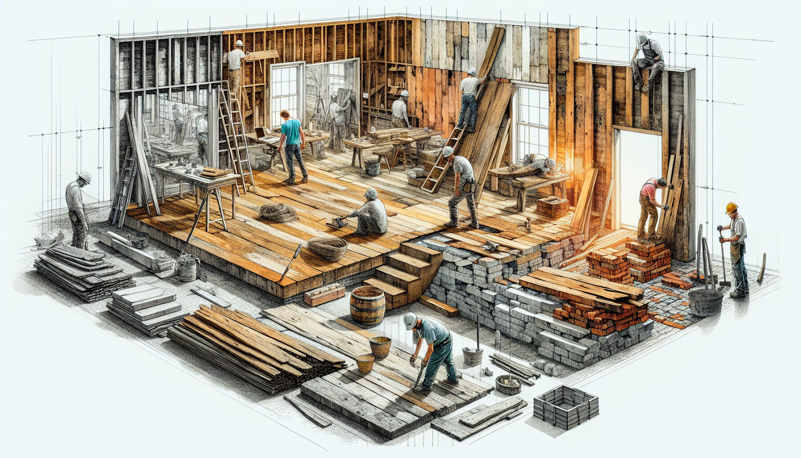 Illustration of a construction site with various reclaimed building materials