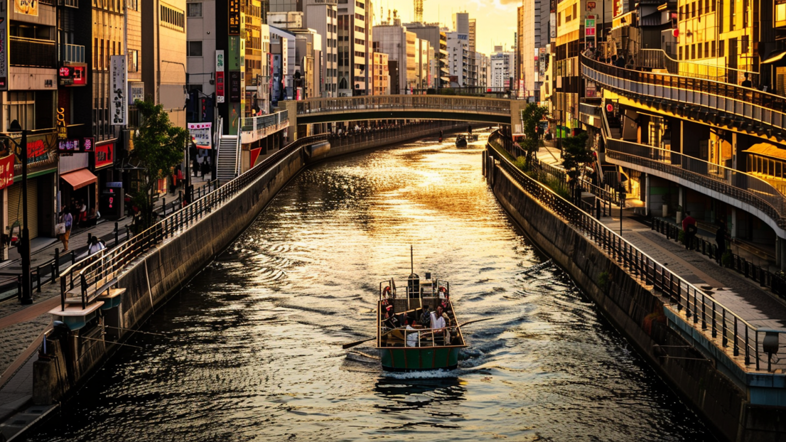 A boat cruising on Tombori River in Osaka, Japan