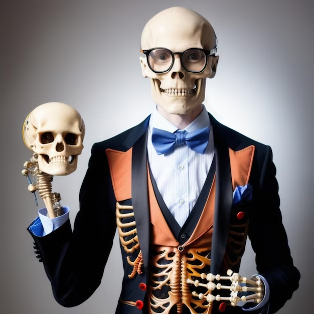Man in a Suit & Tie Holding a Skull in His Hand & Wearing a Skull on His Head