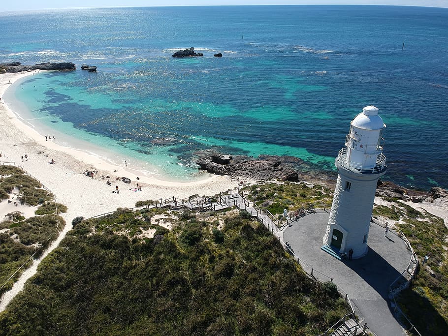 Clean Rottnest Island View from the top with clear waters and a lighthouse