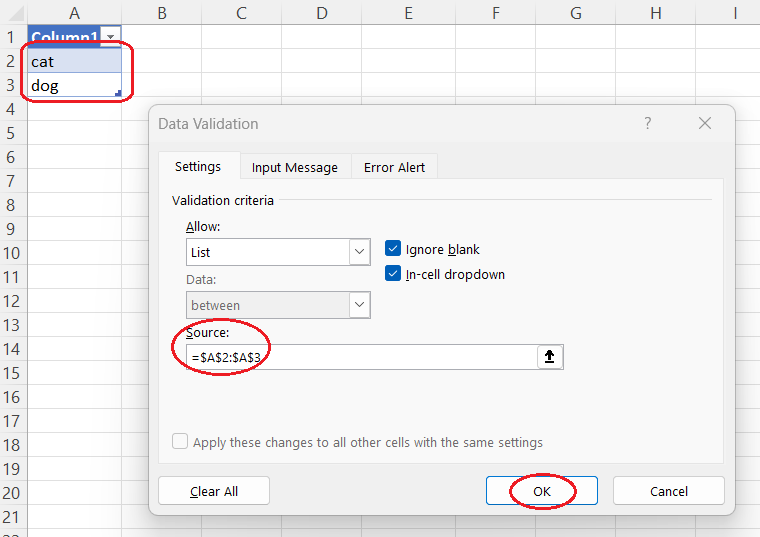 How to select the source for a drop-down list in Excel.