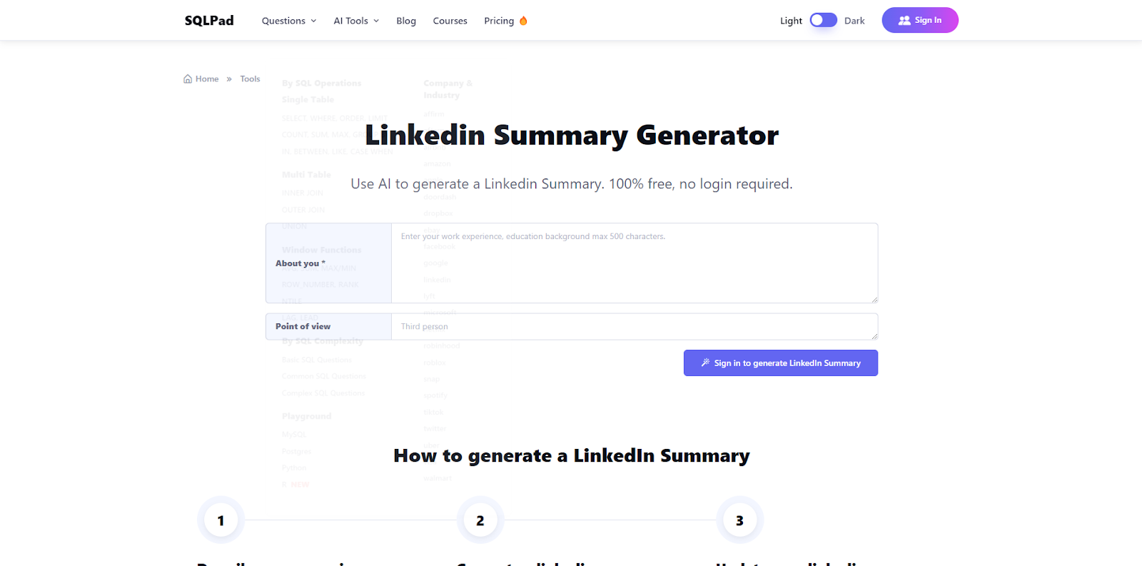 SQLPad LinkedIn Summary Generator