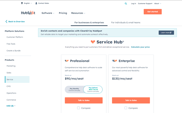 Hubspot pricing page