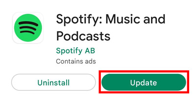 Alt=Spotify Google Play app page screenshot, the Update button is highlighted in red