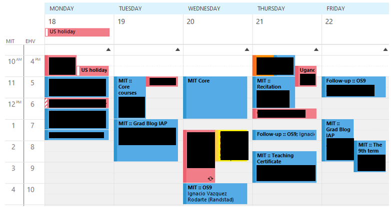 A screenshot of a color-coded schedule with details blocked out.