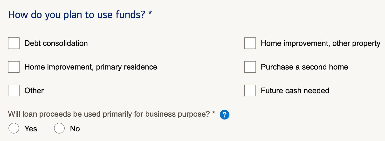 Image from Bank of America website asking borrower how they plan to use funds