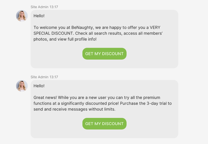 A site administrator sending out chat messages for discounts on the BeNaughty dating website.