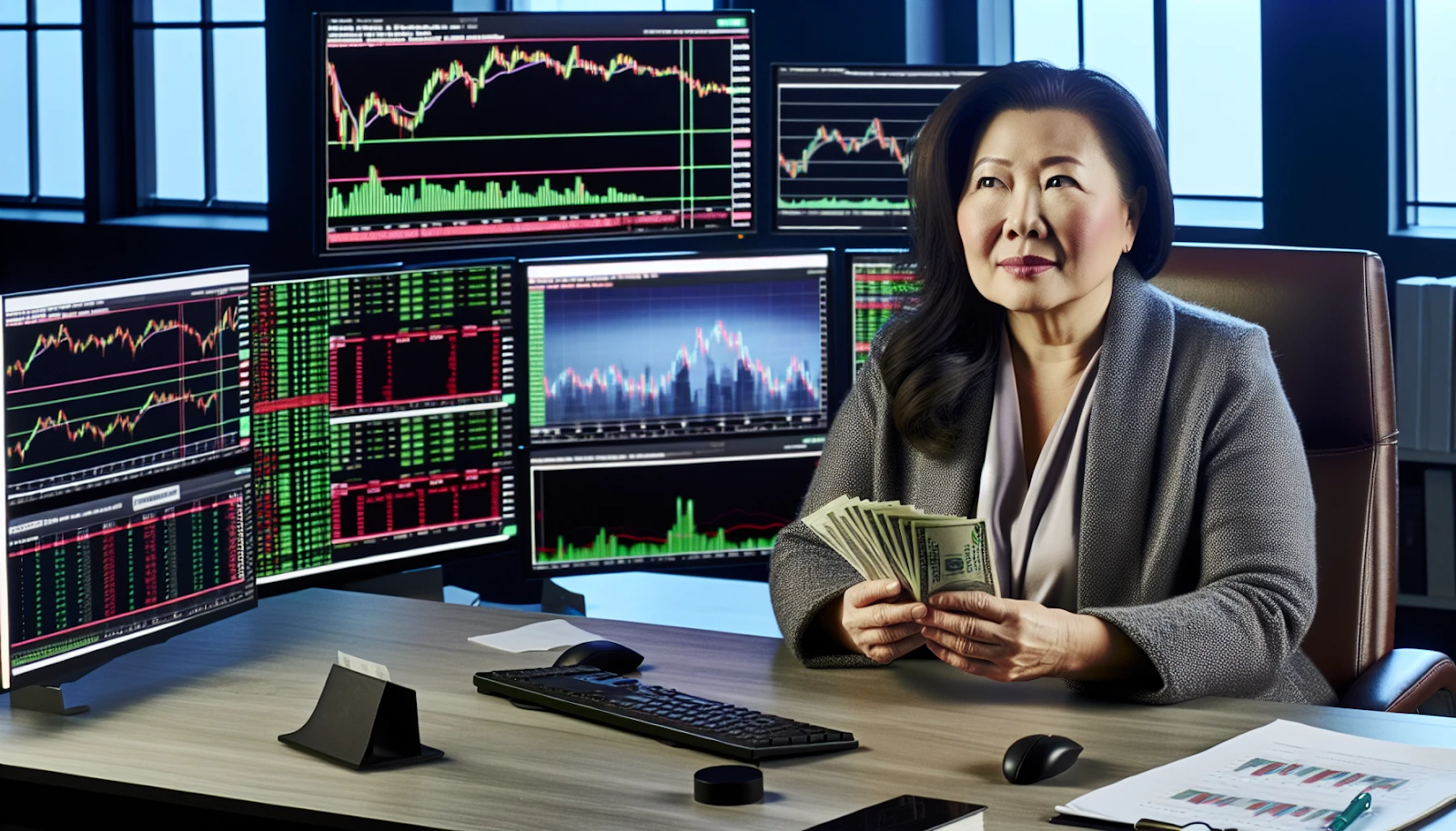 Lady with cash and a stock portfolio