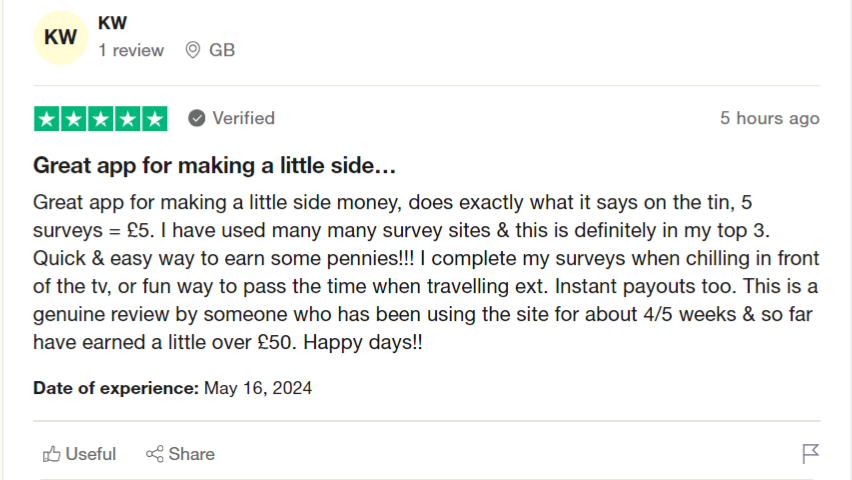 A 5-star Trustpilot review from a Five Surveys user happy with the payouts and how easy it is to do in their free time. 