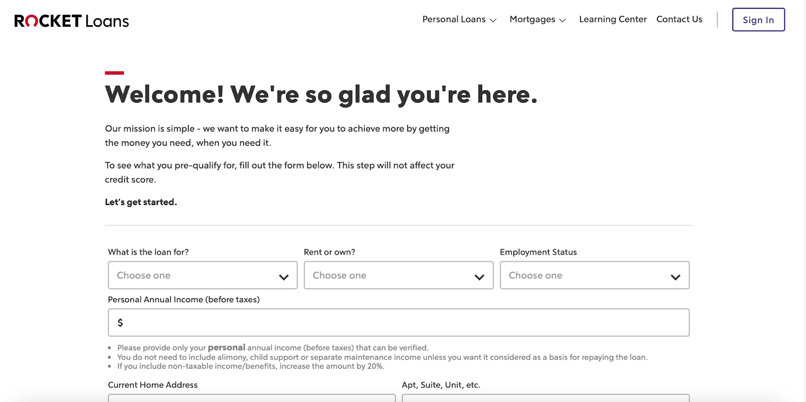 A screenshot of Rocket Loans prequalification page.