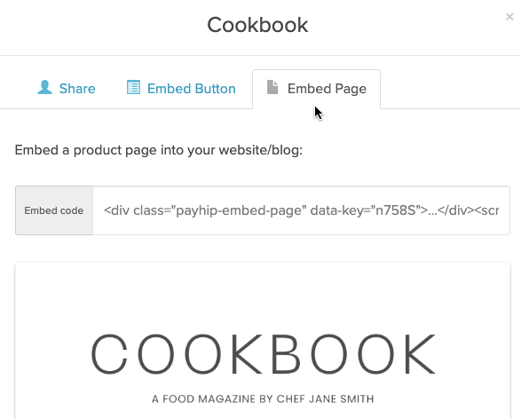 A screenshot of the Embed Page tab of the Share / Embed window for a Payhip product