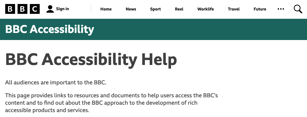 Screenshot of the accessibility page of the BBC.