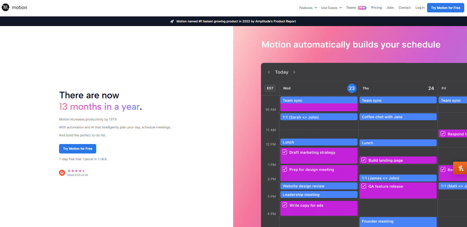 The homepage for the Motion AI scheduling assistant.