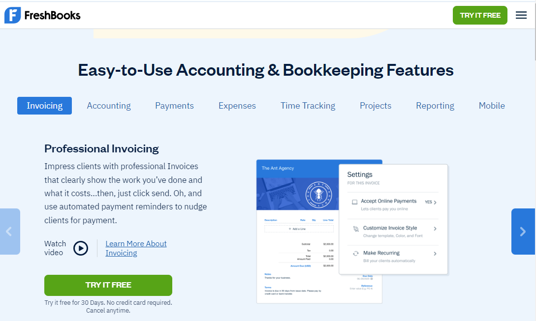 screenshot of freshbooks accounting software for e-commerce sellers