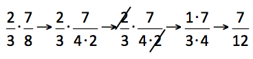 Image showing multiplication procedure for two-thirds times seven-eighths.