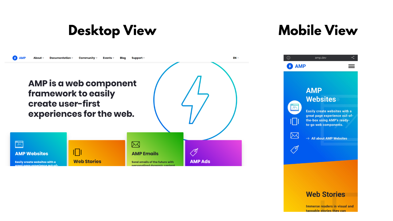 Accelerated Mobile Pages example of Desktop and Mobile View